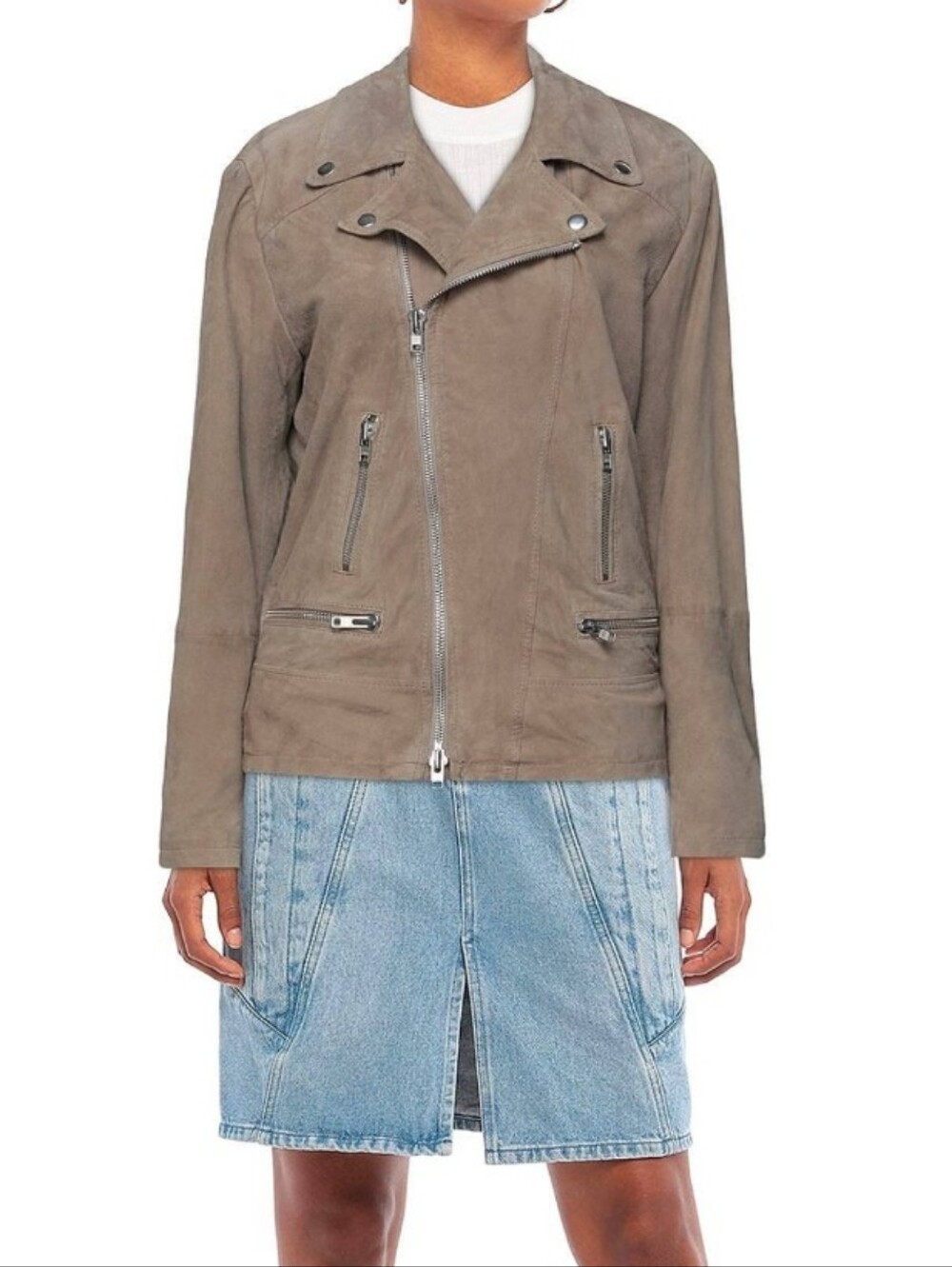 Taupe Suede Moto Jacket with Asymmetrical Zip